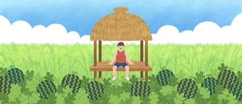 Scenery escaping from the heat in a hut in a watermelon field in hot summer Legal anniversary illustration 图片素材