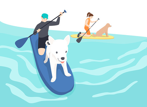 Scene with pets and paddleboard enjoying in the sea vector image illustration 图片素材