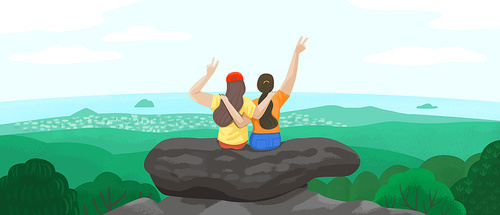 Jeju Attractions_ Image illustration of friends who climb the mountain and take pictures with them shoulder to shoulder 图片素材