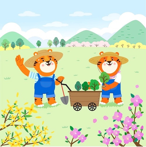 Vector image illustration of anthropomorphic tiger characters planting trees in spring 图片素材