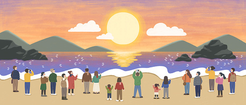 New Year's Sunrise_Illustration of people watching the sunrise at the beach 图片素材
