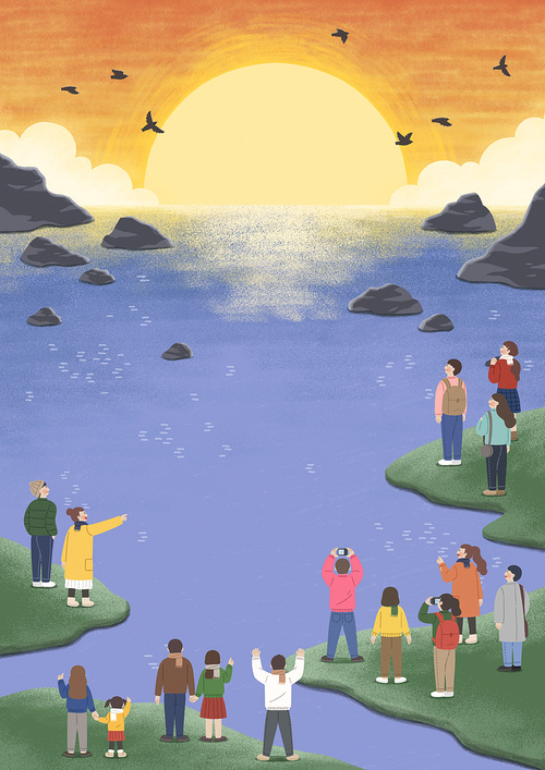 New Year's Sunrise_Illustration of people watching the sunrise at the sea 图片素材