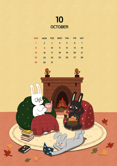 New Year's Calendar_Illustration of Bonfire and Reading Rabbit 图片素材