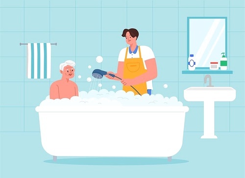 Vector illustration of a care service that helps the elderly take a bath 图片素材