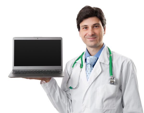 医生抱着一台笔记本电脑与空白屏幕 图片素材