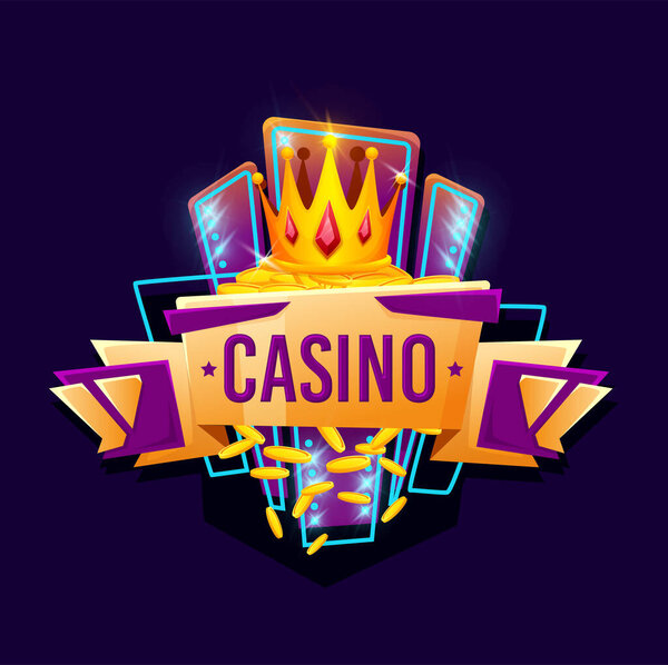 Casino sign, gambling game poker jackpot win in neon light, vector cartoon signboard. Online casino or Vegas poker slot and roulette win gold coins, gambling cards with golden crown on retro banner 图片素材