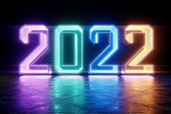 Happy New Years, neon numbers 2022 shine brightly. Festive ultraviolet background, merry christmas. Winter holiday, template, greeting card. 3D render, 3D illustration 图片素材