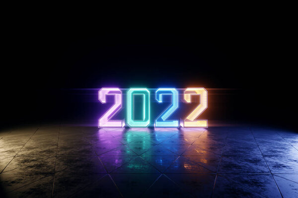 Happy New Years, neon numbers 2022 shine brightly. Festive ultraviolet background. Winter holiday, template, greeting card. 3D render, 3D illustration 图片素材