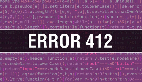 在软件开发人员和计算机脚本的程式码抽象技术背景上编写的412错误文本。计算机监视器上的412代码概念错误.编码错误412程序 图片素材