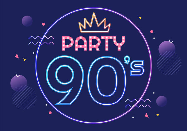 90s Retro Party Cartoon Background Illustration with Nineties Music, Sneakers, Radio, Dance Time and Tape Cassette in Trendy Flat Style Design 图片素材