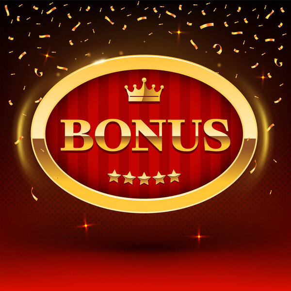 Shining bonus golden frame on stripped red background. Vector illustration for casino poker, roulette, lottery or online games. Golden bonus framed sign illustration. 图片素材