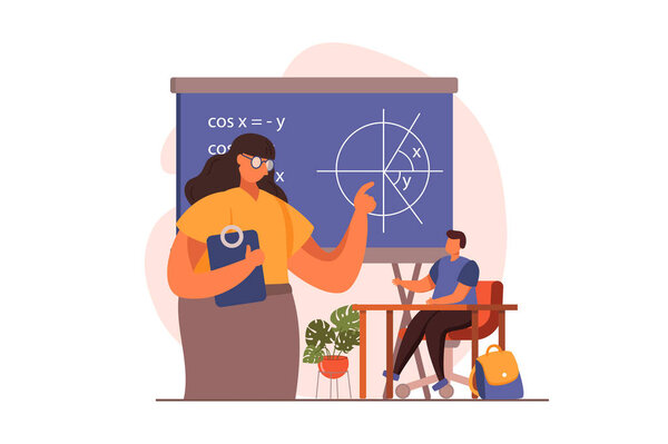 School teacher web concept in flat design. Woman tutor points to blackboard and explains mathematics.Schoolboy learning in lesson. Education and gain knowledge. Vector illustration with people scene 图片素材