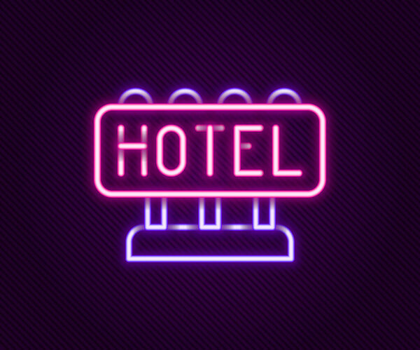 明亮的霓虹灯线标志板户外广告与文字酒店图标隔离的黑色背景。五彩缤纷的概念.B.病媒 图片素材