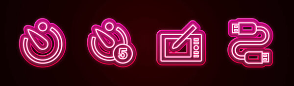 Set line Camera timer, , Graphic tablet and USB cable cord. Glowing neon icon. Vector. 图片素材