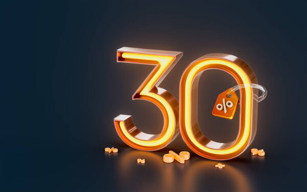 30 percent discount sale banner with tag neon glowing light on dark background 3d render concept 图片素材