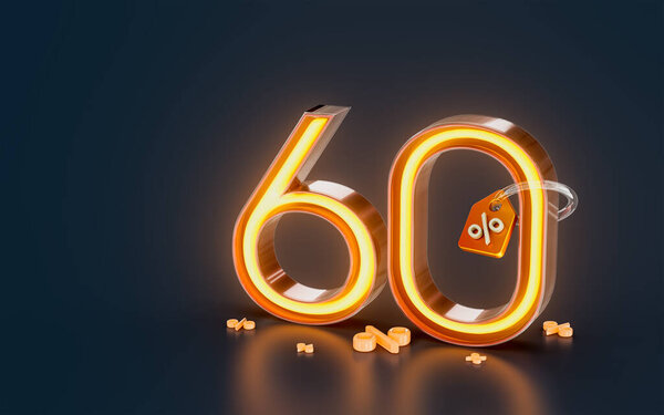 60 percent discount sale banner with tag neon glowing light on dark background 3d render concept 图片素材