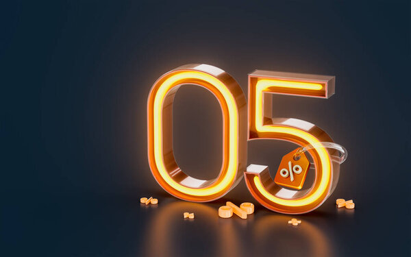 05 percent discount sale banner with tag neon glowing light on dark background 3d render concept 图片素材