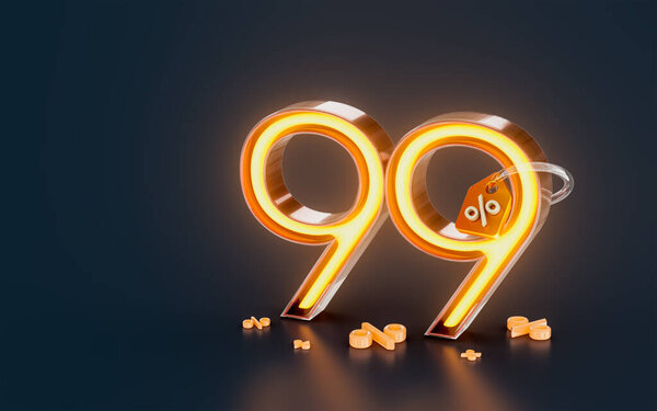99 percent discount sale banner with tag neon glowing light on dark background 3d render concept 图片素材