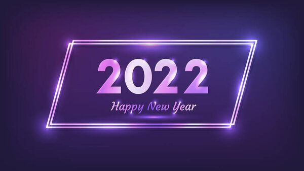 2022年新年背景。霓虹灯双四边形框架,圣诞贺卡、传单或海报都有闪亮效果.矢量说明 图片素材