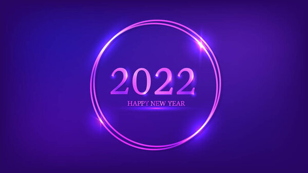 2022年新年背景。霓虹灯双圆框,圣诞贺卡、传单或海报都有闪亮效果.矢量说明 图片素材