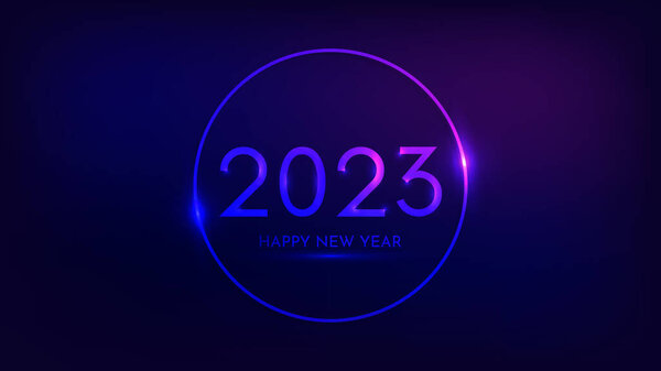 2023新年快乐的背景。为圣诞假期贺卡、传单或招贴画设计了具有闪亮效果的霓虹灯圆形框架。矢量说明 图片素材