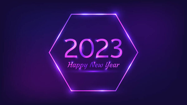 2023新年快乐的背景。霓虹灯六边形框架,圣诞贺卡、传单或海报都有闪亮效果.矢量说明 图片素材