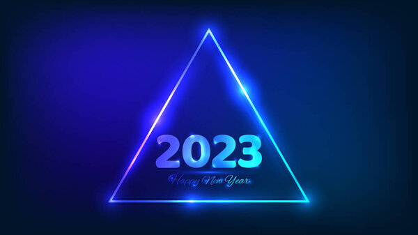 2023新年快乐的背景。霓虹灯三角相框,圣诞假期贺卡、传单或海报都有闪亮效果.矢量说明 图片素材