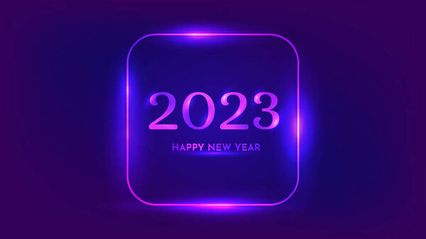 2023新年快乐的背景。霓虹灯圆形正方形框架,圣诞贺卡、传单或海报都有闪亮效果.矢量说明 图片素材