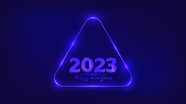 2023新年快乐的背景。霓虹灯圆形三角形相框,圣诞贺卡、传单或海报都有闪亮效果.矢量说明 图片素材