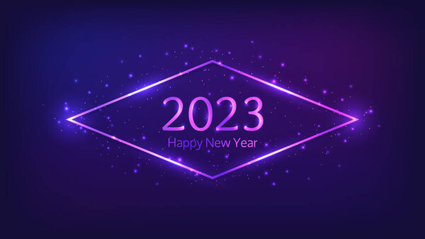 2023 Happy New Year neon background. Neon rhombus frame with shining effects and sparkles for Christmas holiday greeting card, flyers or posters. Vector illustration 图片素材