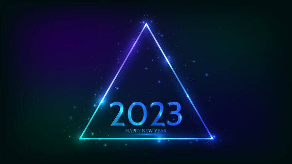 2023 Happy New Year neon background. Neon triangular frame with shining effects and sparkles for Christmas holiday greeting card, flyers or posters. Vector illustration 图片素材