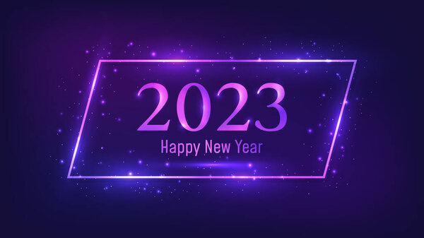 2023新年快乐的背景。具有闪亮效果和闪光的霓虹灯长方形框架，用于圣诞节贺卡、传单或海报。矢量说明 图片素材