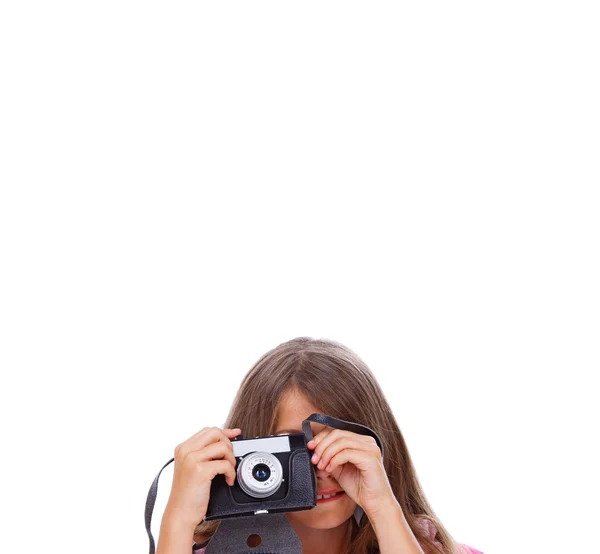与相机合影的年轻女孩的肖像 图片素材