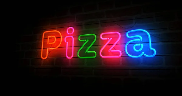 比萨折扣霓虹灯符号。街上的食物和意大利餐厅的浅色灯泡。抽象概念3d说明. 图片素材