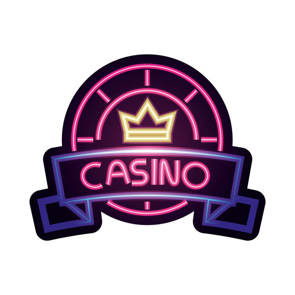 赌场，有皇冠赌彩霓虹灯标志的晶片 图片素材