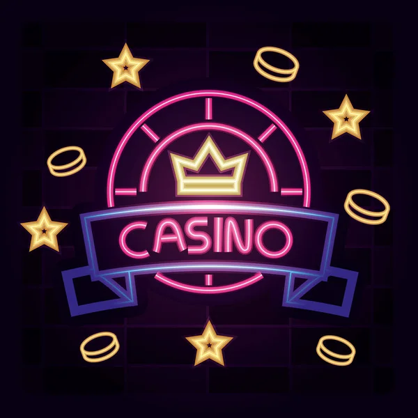 赌场、赌博晶片王冠和墙上的硬币霓虹灯标志
