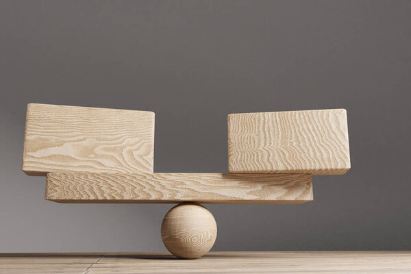 平衡概念。木制立方体块，在锯子上有空白立方体。生活方式概念 图片素材