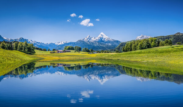 田园诗般的夏日风景与清除在阿尔卑斯山的高山湖泊 图片素材