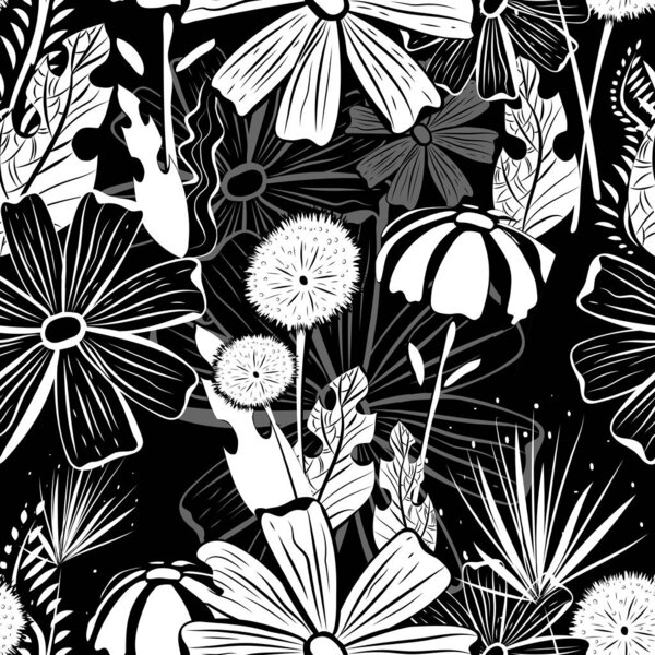 植物的背景。野花，叶子，起源于一个黑色的背景。夏日无尽的例证. 图片素材