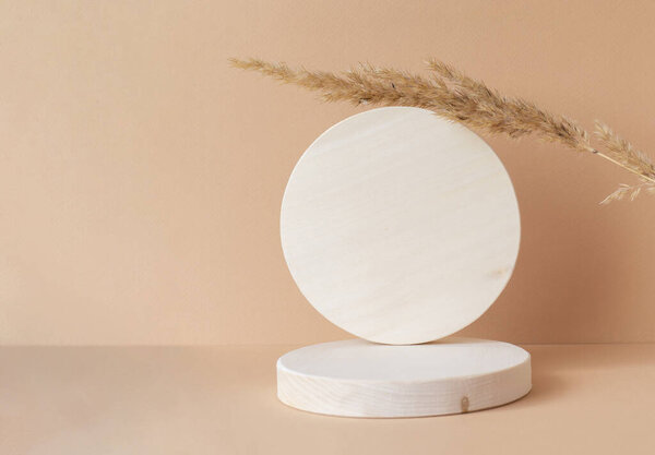 两个圆圆的木人站在彼此的顶部，一丛簇干草，在米色孤立的背景上特写。商品和化妆品展示的几何三维讲台概念. 图片素材