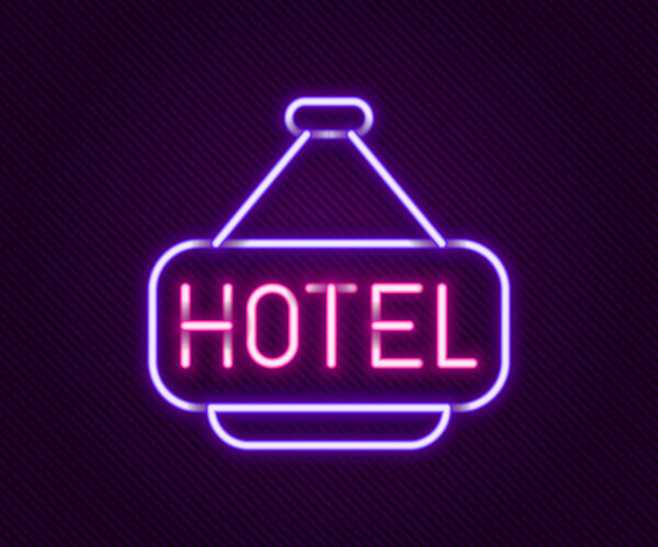 明亮的霓虹灯线标志板户外广告与文字酒店图标隔离的黑色背景。五彩缤纷的概念.B.病媒. 图片素材