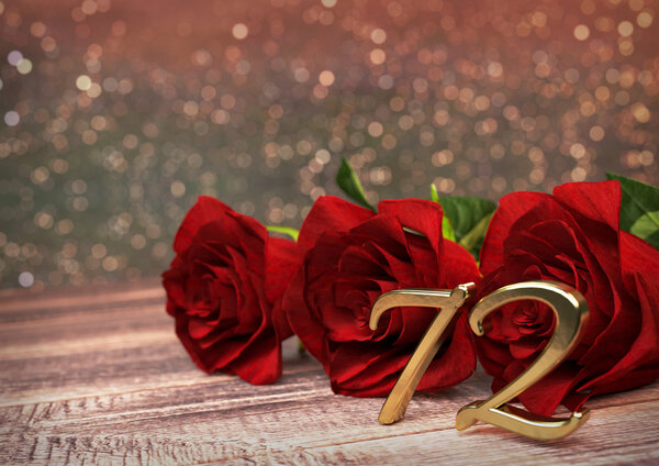 生日概念与红色玫瑰木桌上。第七十二。72.3d 渲染 图片素材