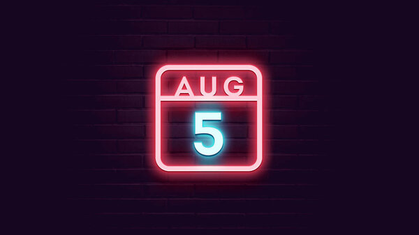 8月5日日历，底座上有霓虹灯蓝色和红色霓虹灯   图片素材