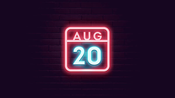 8月20日日历，背景为霓虹灯蓝色和红色霓虹灯   图片素材