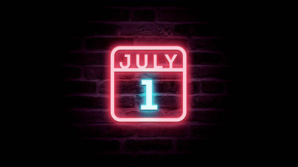 7月1日日历，背景上有霓虹灯蓝色和红色霓虹灯   图片素材