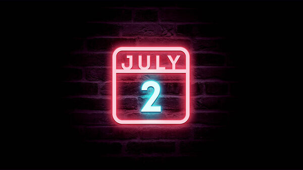 7月2日日历，背景上有霓虹灯蓝色和红色霓虹灯   图片素材