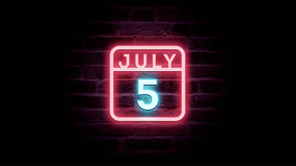 7月5日日历，背景上有霓虹灯蓝色和红色霓虹灯  