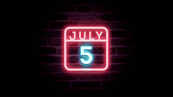 7月5日日历，背景上有霓虹灯蓝色和红色霓虹灯   图片素材