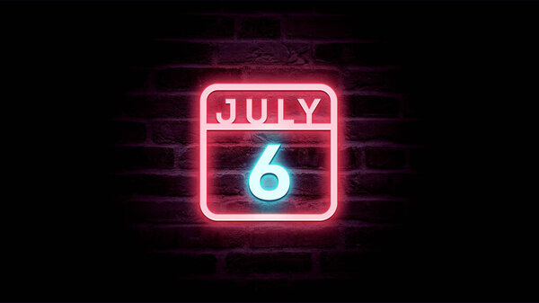 7月6日日历，背景上有霓虹灯蓝色和红色霓虹灯   图片素材