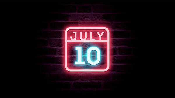 7月10日日历，背景上有霓虹灯蓝色和红色霓虹灯   图片素材